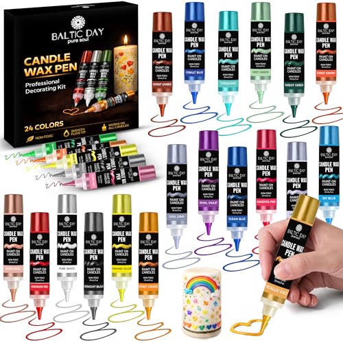 BALTIC DAY Candle Wax Pen Set 24 Colors 30ml Each Candle Paint Pens with Precision Tip for Candle Decorating DIY Candle Making Writing Drawing & Craft Projects