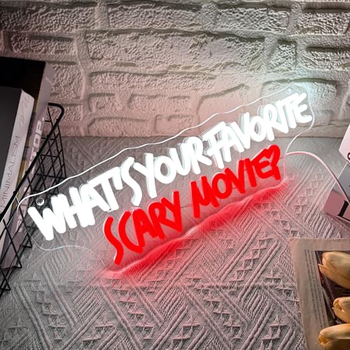 Image of Symone What'S Your Favorite Scary Movie Neon Sign, Gothic Neon Light USB Powered Dimmable LED Halloween Neon Signs for Wall Decor, for Movie Room Party Terrifying Interior Decor(15.7 * 5.1 In)