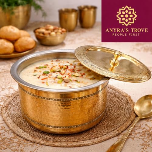 Image of ANYRA'S TROVE Pure Brass Handi with Lid(1.25L) Kalai Coating |Traditional Pital Cooking Pot|Milk Pot|Pital Tope|Tapeli|Handmade Golden Finish Brass Utensil for Home Chefs & Gifting(1250ML)