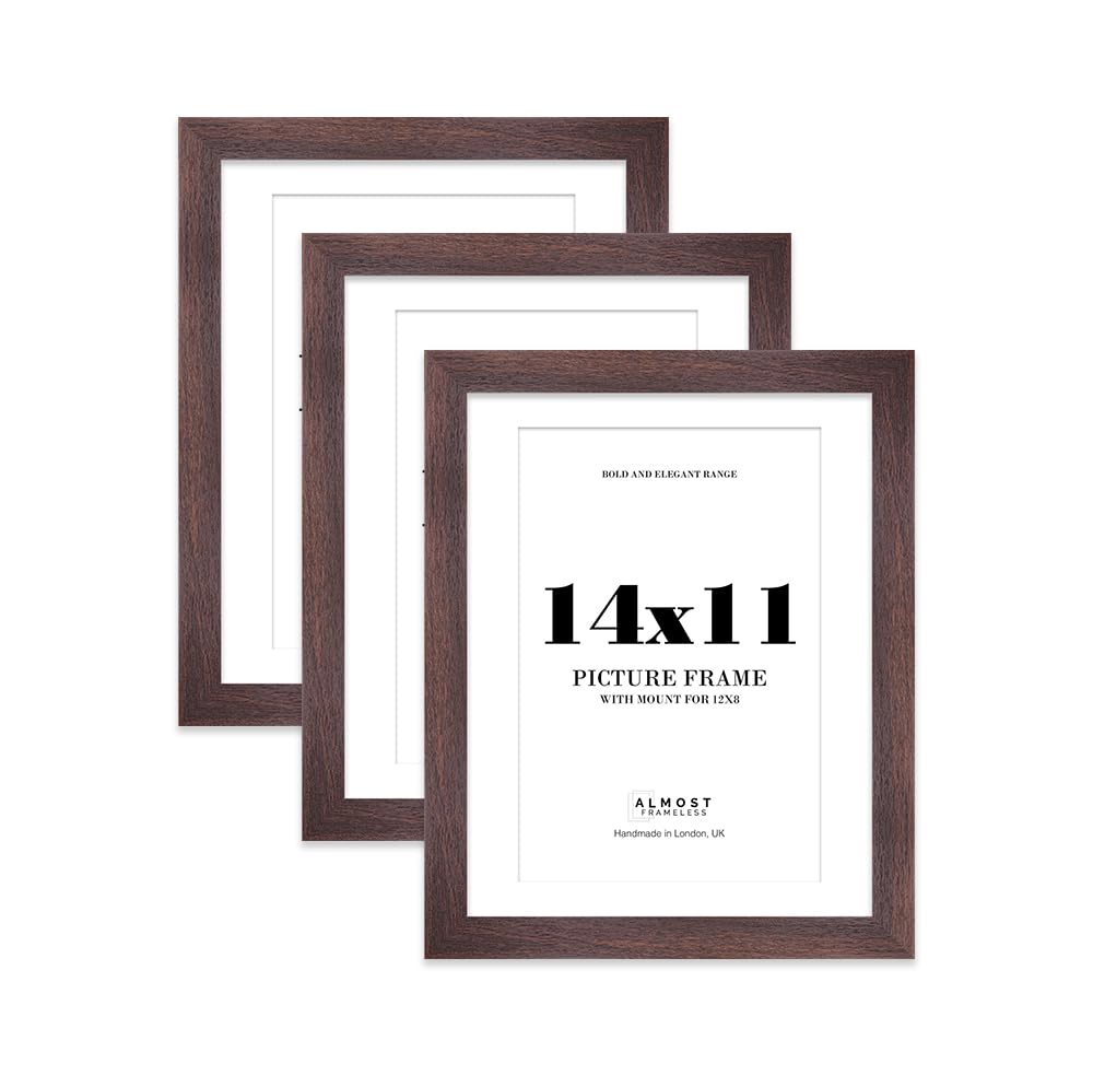 14x11 Walnut Frame With Mount for 12x8 Pictures 28mm Edge Portrait and Landscape Display with Wall Hooks and Kickstand, 3 Pack