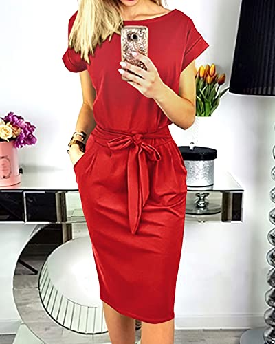Image of PRETTYGARDEN Women's Summer Short Sleeve Crewneck Striped Dress Basic Solid Tie Waist Office T Shirt Dresses Pockets