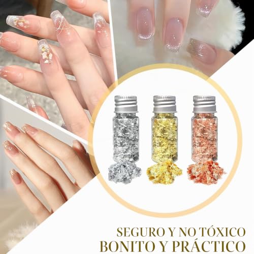 Miniatura 5 de Decoración De Pan De Oro De 20 G, 3 Botellas De Copos De Pan De Oro, 3 Colores: Pan De Plata, Pan De Oro Y Oro Rosa, Para Decoración De Uñas, Maquillaje, Pintura Artística, Bricolaje Y Otros Fines Dec