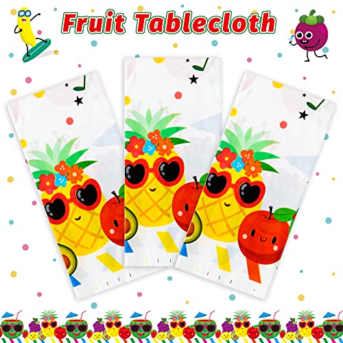 BkeeCten 3 Packs Fruit Theme Table Cover Decorations Watermelon Pineapple Disposable Plastic Tablecloths for Kids Birthday Baby Shower Summer Fruit Hawaii Party Decorations Supplies, 54x108 inch