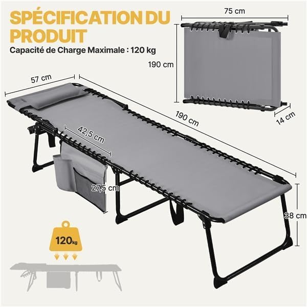 Yaheetech Chaise Longue Pliante Bain de Soleil Transat Jardin Exterieur 189x57x38 cm Dossier Inclinable 5 Positions Lit de Camping pour Plage Piscine Terrasse Relax Détente en Plein Air Gris