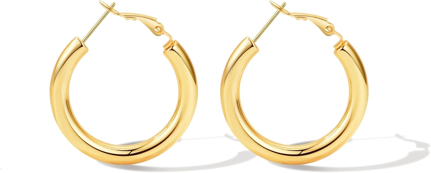 30MM Small Thick Gold Hoops Earrings for Women 14K Gold Plated Titanium Chunky Hoop Earrings - Image 5