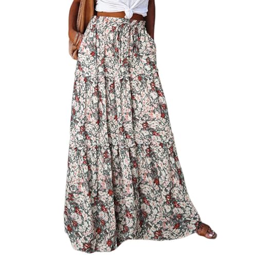 Long Skirts for Women Summer Floral High Waisted Casual A Line Skirt Pleated Beach Flowy Boho Maxi Skirt with Pockets