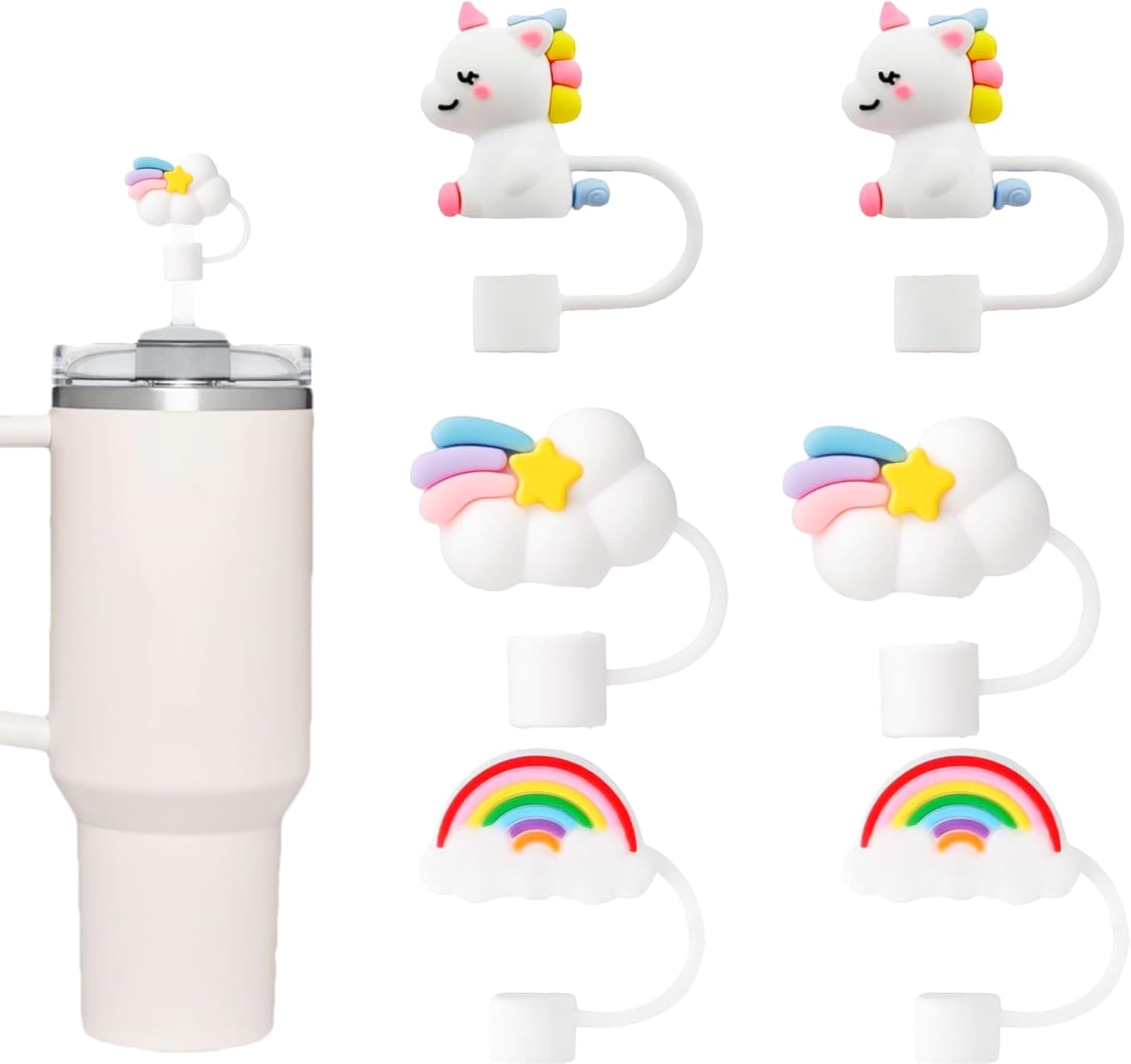 6Pcs 3D Rainbow Cloud Straw Toppers, Soft Silicone Covers, Fit 0.4in/10mm Straw, Compatible with Stanley Cup 30&40 Oz, Dust Leakage Proof Protectors Decorative Accessories (Set A)