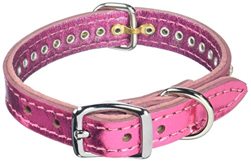 Image of Signature Leather Crystal Dog Collar, Metallic Pink Solid Grain Leather, Fits 7.5 inch-9.5 inch Neck Size, 12 inch Overall Length