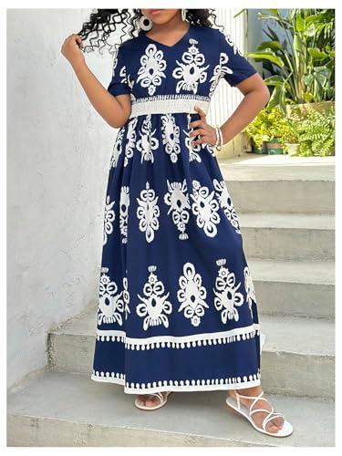 GORGLITTER Girl's Boho Maxi Dress Graphic Short Sleeve V Neck Flowy A Line Cute Fall Long Dresses3