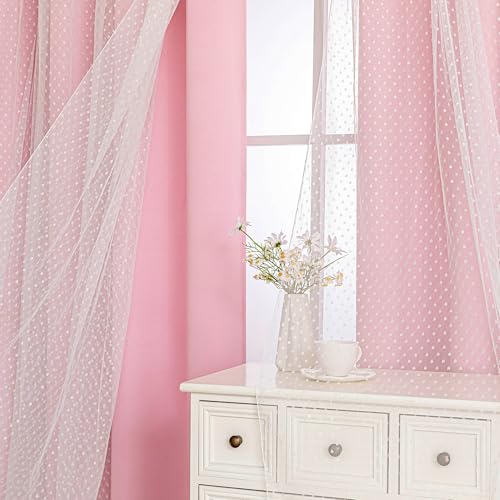 Image of MYSKY HOME Light Pink Blackout Curtains for Girls Bedroom 52Wx84L,2 Panels | Baby Pink Blackout Curtains with Polka Dots Sheer Overlay, Grommet Tops,Double Layer,for Nursery Kids Bedroom Living Room