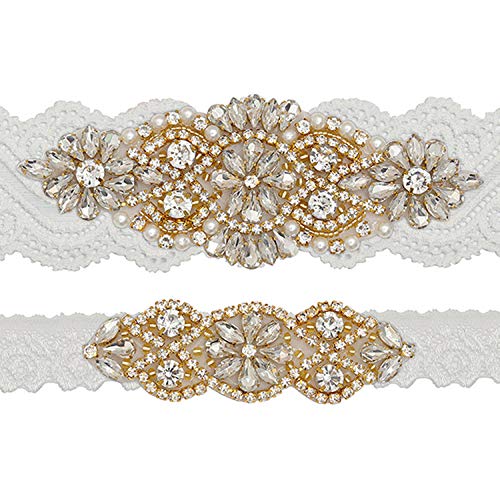 Charm4you Giarrettiere Fiocco Raso,Giarrettiera da Sposa in Pizzo con Strass Antiscivolo per Accessori da Sposa-Bianco_M,Giarrettiera di Pizzo Matrimonio