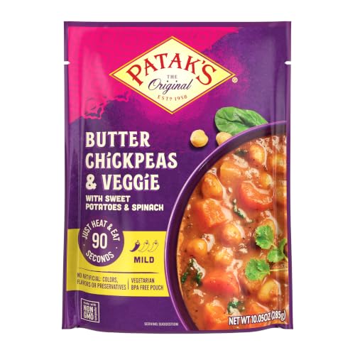 Image of Patak's Butter Chickpeas & Veggies, 10.05 Oz (Pack of 1) Mild Curry with Chickpeas, Spinach, Carrots, Ready to Heat Vegetarian Meals