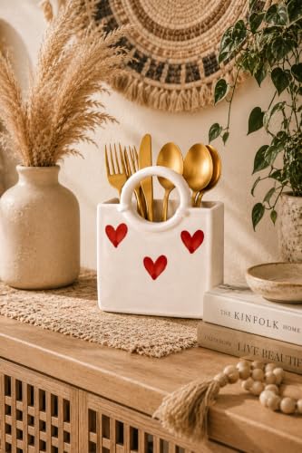 Image of Ceramic Utensil Holder, White Kitchen Organiser, Cutlery Set Holder (Heart)