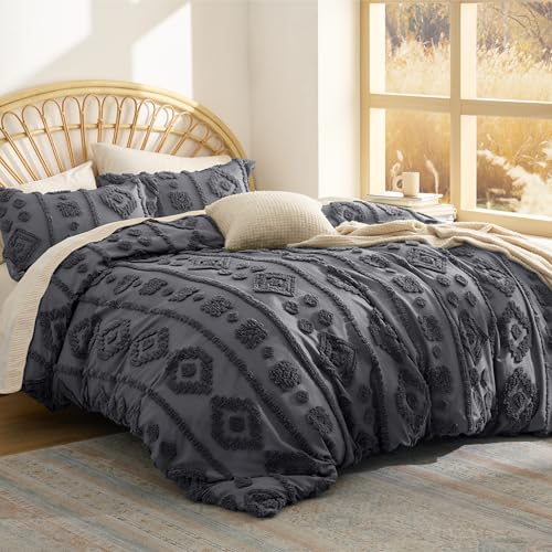 Image of Bedsure Boho Tufted Grey Comforter King Size, GentleSoft 3 Pieces Boho Farmhouse-Style Decor Bedding, Exquisite Bedding for All Seasons, 1 Bed Comforter, 2 Pillow Shams, 104x90 Inches