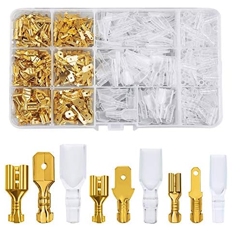 FIXITOK 480pcs Quick Splice 2.8/4.8/6.3mm Male Female Wire Spade Connector Wire Crimp Terminal Block with Insulating Sleeve Assortment Kit for Electrical Wiring Car Audio Speaker (Golden) Cover