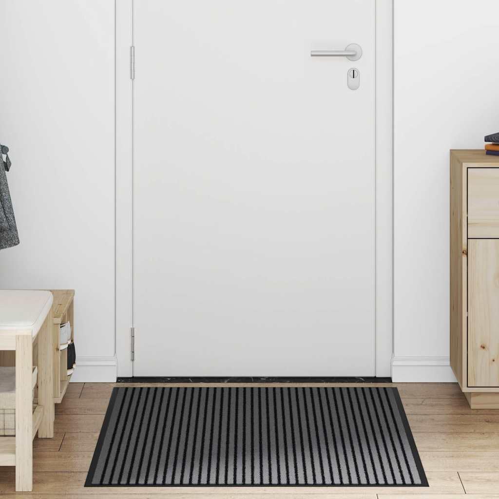 Felpudo a rayas negras y grises, 90 x 150 cm, de polipropileno, para interior y exterior, antideslizante, para entrada de casa, pasillo y terraza, resistente
