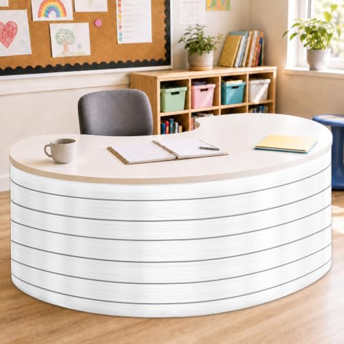 Image of 9FT White Shiplap Table Skirt Teacher Desk Skirt Classroom Table Cover for Back to School Decor Rectangle Tablecloth for Farm Birthday Party Decorations Home Dorm Office Bookcase Cabinet Shelf