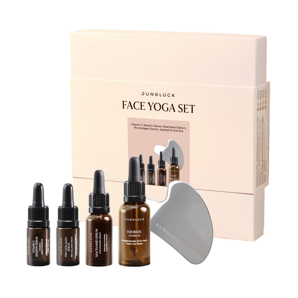 JUNGLÜCK IN A BOX Face Yoga Set | Gua Sha Set für strahlende Haut und Entspannung – Intensiv pflegende Seren & Jojobaöl für dein Gua Sha Ritual