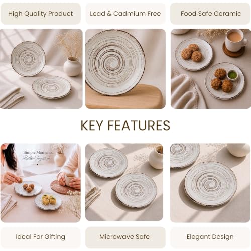 Image of The Earth Store Brown Spiral Ceramic Quarter Plate Set of 2 - 7.5 Inch Ceramic Plate | Microwave & Dishwasher Safe Ceramic Snack Plate | Small Plate for Snacks, Desserts & Appetizers