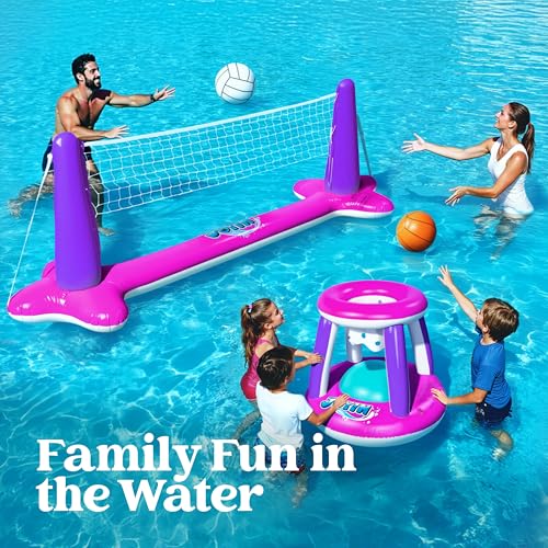 Image of JOYIN Inflatable Pool Float Set Volleyball Net & Basketball Hoops, Floating Swimming Game Toy Floaties for Kids and Adults Volleyball Court (105 inchx28 inchx35 inch)|Basketball (27 inchx23 inchx27 inch),L-Pink Purple