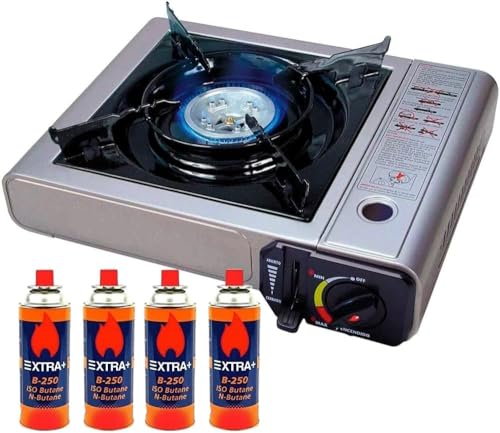 DISPAU COCINA PORTÁTIL DOBLE + QUEMADOR GAS 4 BOTELLAS MALETÍN ES...