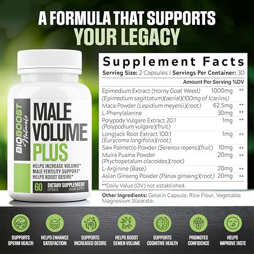 Image of Male Semen Volume Booster Plus - Pills for Men Fast Acting Blood Flow for Male Size Enlargement + Load Size - 9 Ingredients for Girth | 3rd Party Tested Supplement - 60 Capsules