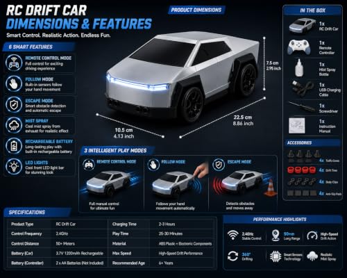 Image of RC Intelligent Sensor Car for Kids | 2.4GHz Remote Control Mini Car with Gesture Control, Auto Follow & Track Drawing | LED Lights, Music | Educational Racing Toy Gift (Multi Color)