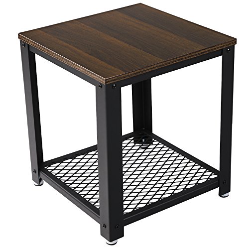 VASAGLE 2-Tier End Table Square-Frame Side Table with Metal Grate Shelf Dark Walnut