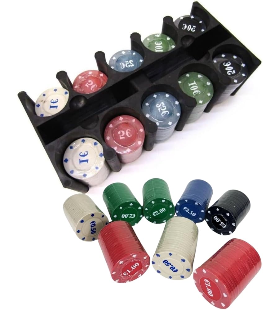 200 Fiches da Poker Numerate Soldi Euro Box da Gioco Texas Holdem con Confezione Porta Fiches Fair