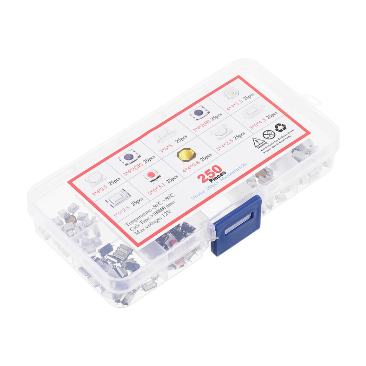 Interruptor de Botón Pulsador microtáctil momentáneo para placa de circuito y proyectos 250 uds 8