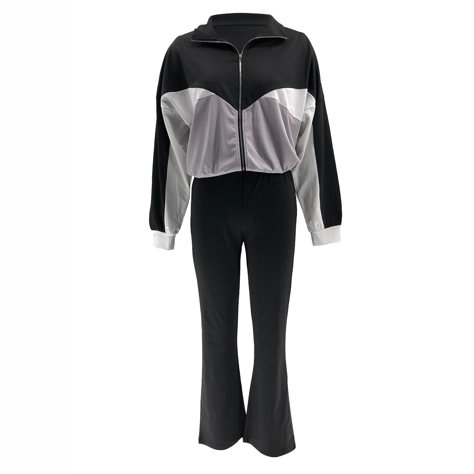 Greabuy Zweifarbiges Sport-Set für Damen, langärmelig, bauchfreie Jacken mit weitem Bein, Lounge-Sweathose, Trainingsanzüge, Sportbekleidungs-Set