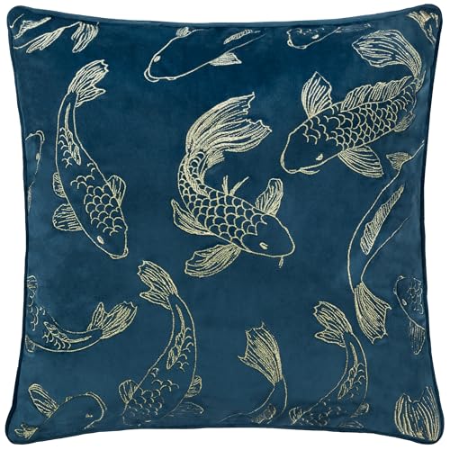 Funda de cojín de Terciopelo Bordada Paoletti Koi Pond   Azul Marino   50x50cm