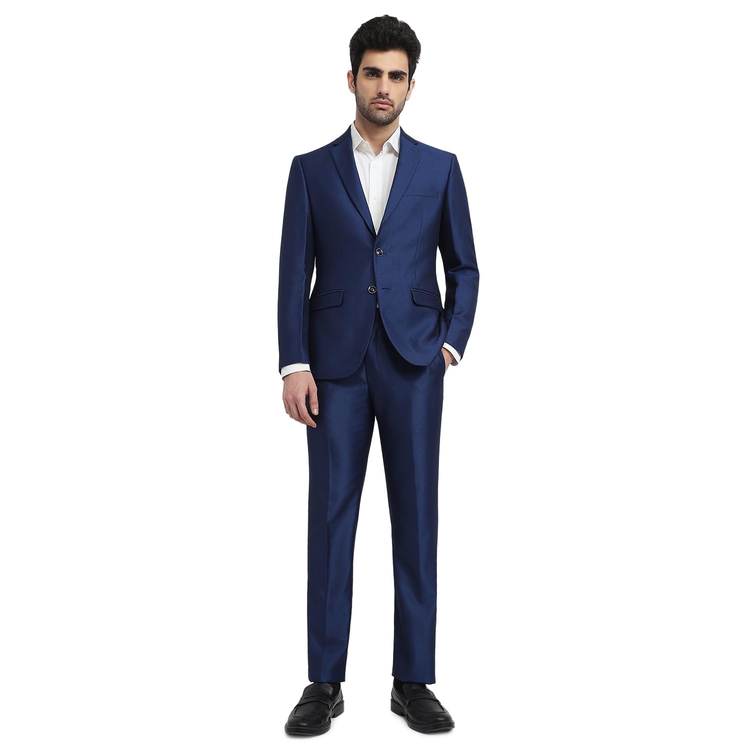 Men Super Slim Fit Structure Pattern Terry Rayon Blend Notch Lapel Full Sleeve Formal Suit Dark Blue