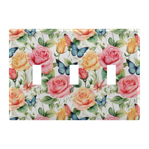 Light Switch Cover Butterfly Rose Floewr Spring Wall Plates for Electrical Outlets 3 Gang 202b3374