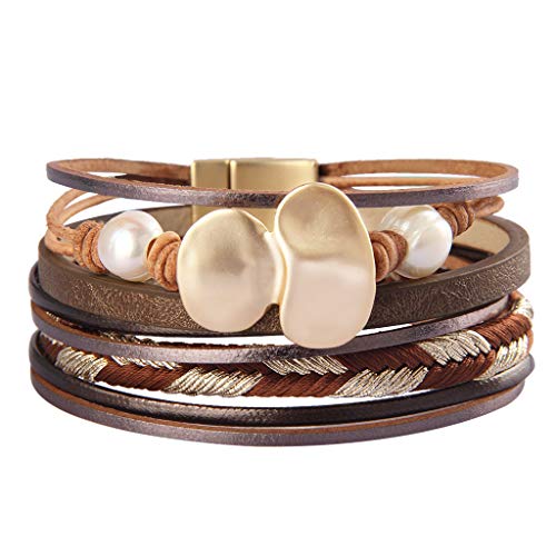 GelConnie Multi Strand Pearl Leather Bracelet Boho Cuff Bracelet Gold Plated Magnetic Wrap Bracelet Bohemian Jewelry for Women, Sister, Daughter