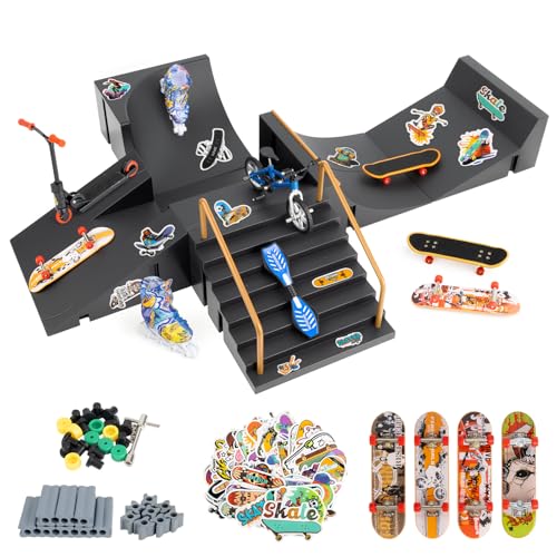 Finger Skateboards Ramp Set 5 in 1 Fingerboard Skatepark Deck with 4 Skateboards 4 Fingerboard Ramps & Display Holder Mini Finger Toy for Kids Adults Birthday Gift (Black)