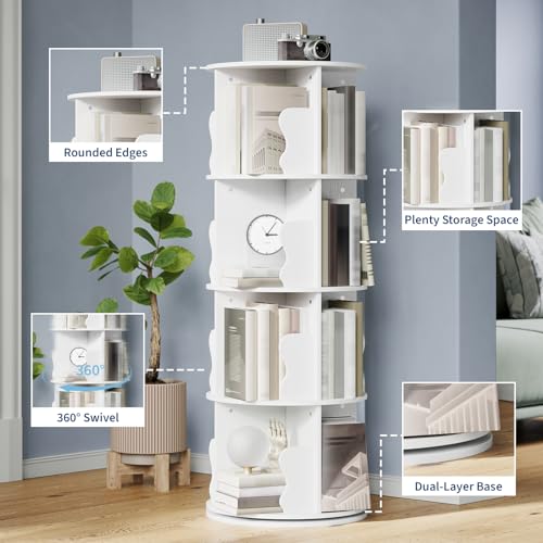 GarveeHome 4 Tier Rotating Bookshelf Tower, Spinning Corner Bookshelf for Small Spaces, Revolving 360° Bookcase Storage Rack Tower, Vertical Rotate Turning Spiral Wood Book Shelf Organizer, White