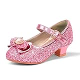 PANDANINJIA Sadie Girls Heels Dress Shoes Rhinestone Bows Mary Jane Pumps Low Heel Princess Flower Wedding Party for Toddler Little Kid (Pink Sequin, 4 M US Big Kid)