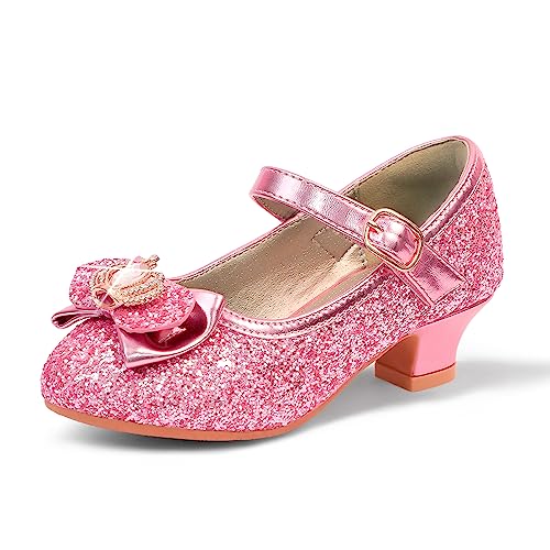 PANDANINJIA Sadie Girls Heels Dress Shoes Rhinestone Bows Mary Jane Pumps Low Heel Princess Flower Wedding Party for Toddler Little Kid (Pink Sequin, 4 M US Big Kid)