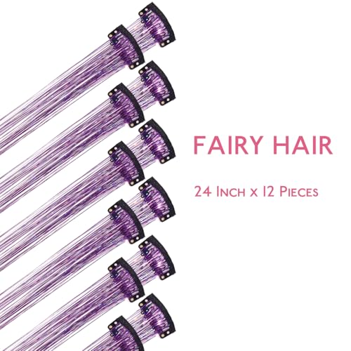 Image of WENNALIFE Hair Tinsel kit for Girls, Clip in Purple, 12PCS 24 Inch Hair Accessories for Women Clip in Colorful Glitter Tinsel Hair Fairy Girls Hair Accessories for Kids