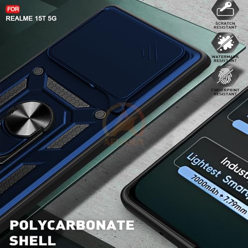 Image of Armor Bumper Back Cover Case for Realme 15T 5G Rotating Camera Cover, Ring Holder & Kickstand | Heavy Duty & 360 Degree Protection Realme 15T 5G Back Cover (Blue)