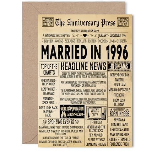 30th Anniversary Card for Women Men - Vintage Newspaper Married in 1996-30 Year Wedding Anniversary Card for Partner Husband Companion Wife 5x7 Inch Anniversaries Greeting Cards