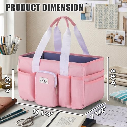 Image of JJRING Craft Organizer Tote Bag, Portable Art Caddy with Adjustable Divider&Secure Zipper Pocket, Large Foldable Storage Tote for Scrapbooking, Sewing, Artist and Home(Pink)