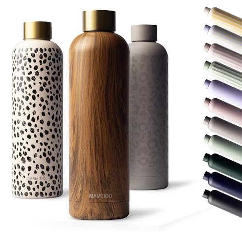 MAMEIDO dricksflaska rostfritt stål 1l - läckagesäker termosflaska, kolsyra lämplig, BPA-fri, isolerad flaska 12h varm & 24h kall (Oak Wood Gold,...