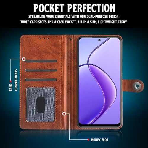Image of Genuine Leather Inside Back TPU Wallet Button | Magnetic Stand Dual Layer Flip Cover for Compatible Model with Oppo CPH2733 / A5x 5G - Brown