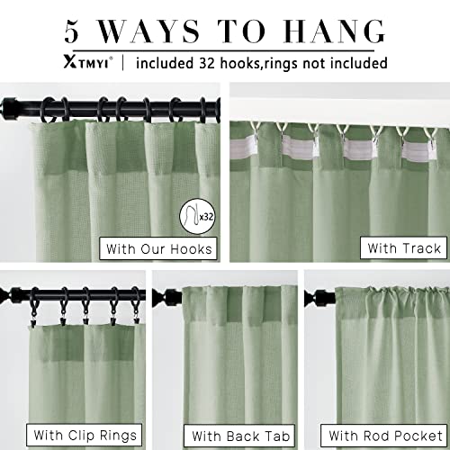 Image of XTMYI Sage Green Sheer Curtains 63 Inch Length for Living Room,Boho Rod Pocket Light Filtering Linen Semi Transparent Bedroom Curtains Drapes 63 Inches Long 2 Panels Set for Bathroom Window Kitchen