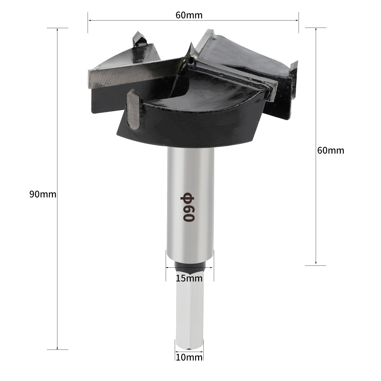 SUQIN Forstner Drill Bit 60mm Woodworking Hinge Cutter Hole Saw,Hexagonal HandleCarbide Wood Drill Bit Diameter 60mm, Length 90 mm - Image 2
