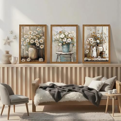Image of DUWQU Triptych Rustic Farmhouse Daisy Framed Canvas Wall Art 12x16 inch x3