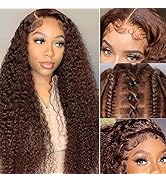 LZGYE Chocolate Brown Deep Wave Lace Front Wigs HumanHair Colored Lace Frontal Wig for Women 13X4...