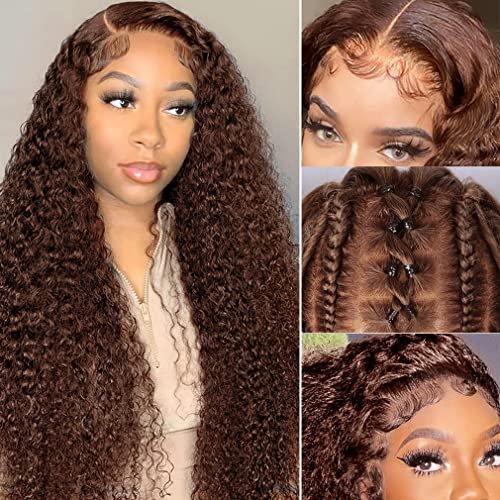 LZGYE Chocolate Brown Deep Wave Lace Front Wigs HumanHair Colored Lace Frontal Wig for Women 13X4 HD Transparent Lace Cu